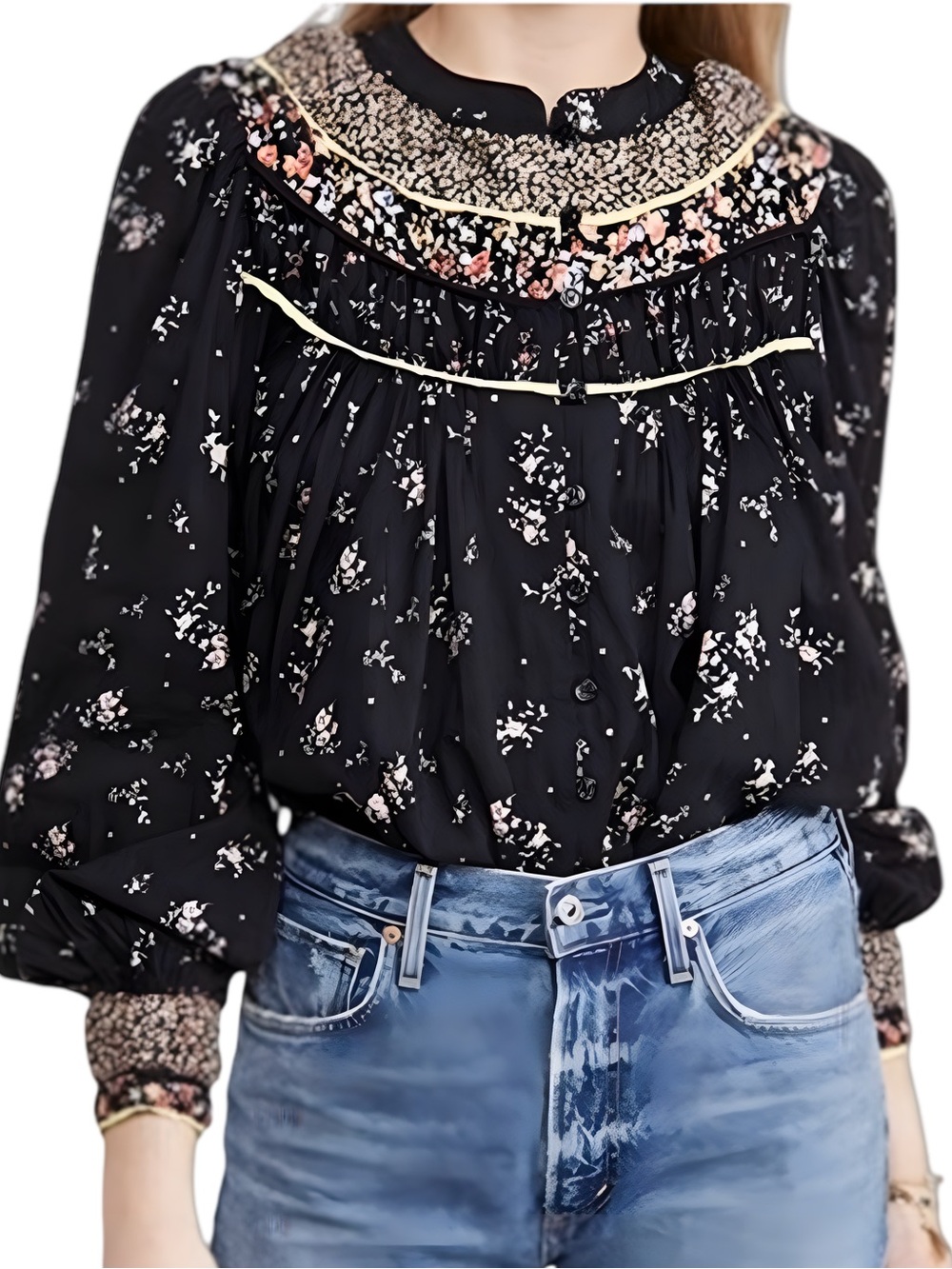 🍋Free People Paloma Black Floral Blouse, Size Medium